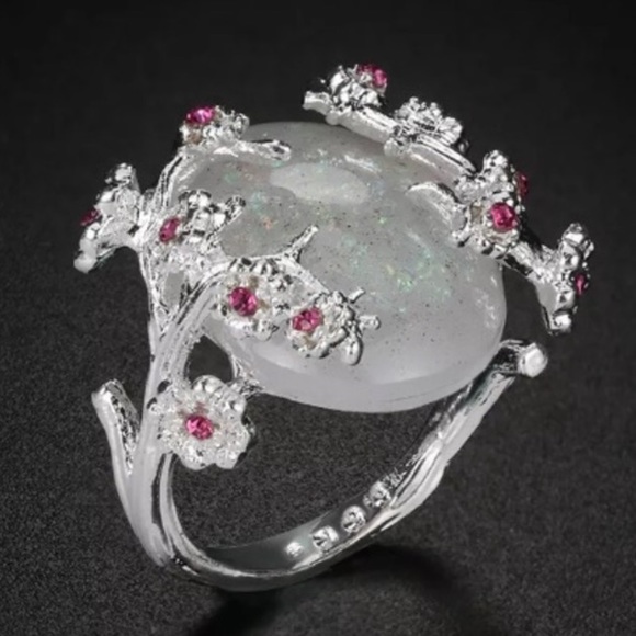 S925 STAMPED Fire Opal Cherry Blossoms Fairytale Fae Tree Branch Sterling ring - Picture 1 of 13